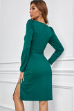 Green Ladies V Neck Long Sleeve Dress Side Split Bodycon Dress with Belt LC229110-9