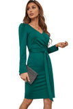 Green Ladies V Neck Long Sleeve Dress Side Split Bodycon Dress with Belt LC229110-9