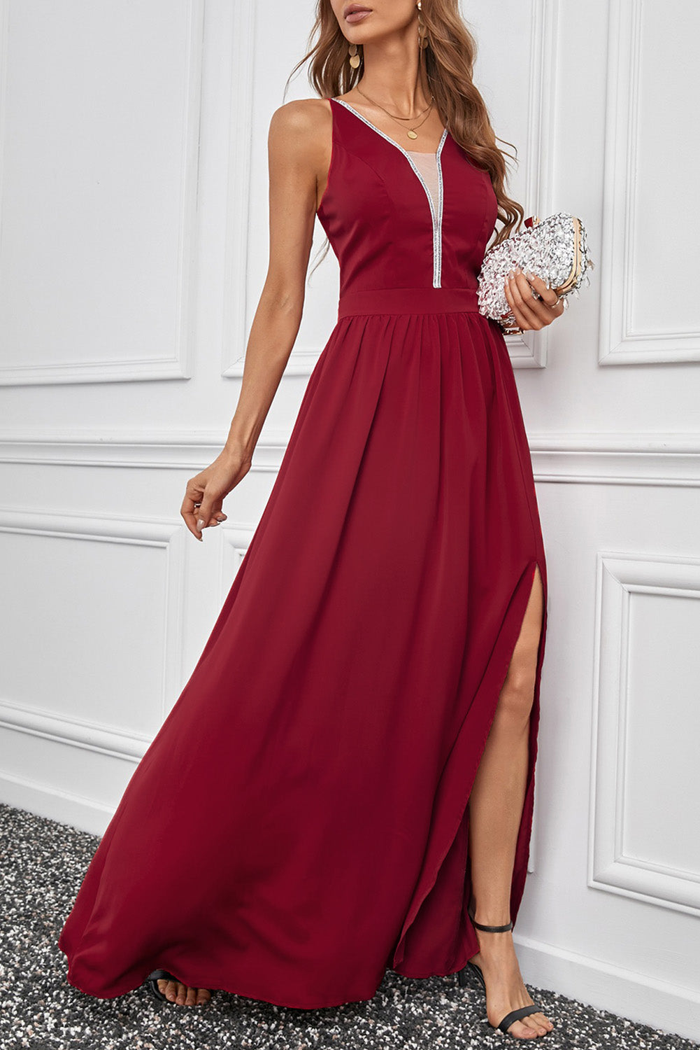 Red Sexy Sleeveless Long Dress Rhinestone Side Split Deep V Neck Maxi Dress LC617470-3