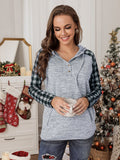 Black Womens Splicing Kangaroo Pocket Buttoned Plaid Hoodie LC2539575-2
