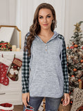 Black Womens Splicing Kangaroo Pocket Buttoned Plaid Hoodie LC2539575-2
