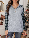 Black Womens Splicing Kangaroo Pocket Buttoned Plaid Hoodie LC2539575-2