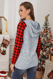Red Womens Splicing Kangaroo Pocket Buttoned Plaid Hoodie LC2539575-3