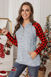 Red Womens Splicing Kangaroo Pocket Buttoned Plaid Hoodie LC2539575-3