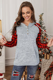 Red Womens Splicing Kangaroo Pocket Buttoned Plaid Hoodie LC2539575-3
