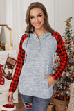Red Womens Splicing Kangaroo Pocket Buttoned Plaid Hoodie LC2539575-3