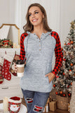 Red Womens Splicing Kangaroo Pocket Buttoned Plaid Hoodie LC2539575-3