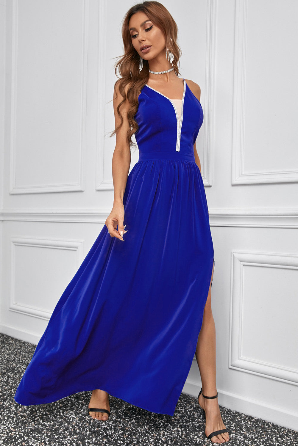 Blue Sexy Sleeveless Long Dress Rhinestone Side Split Deep V Neck Maxi Dress LC617470-5