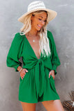 LC643624-9-S, LC643624-9-M, LC643624-9-L, LC643624-9-XL, LC643624-9-2XL, Green Women's Sexy V Neck Jumpsuits Chiffon Tie Knot Front Puff Long Sleeve Romper