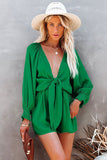 LC643624-9-S, LC643624-9-M, LC643624-9-L, LC643624-9-XL, LC643624-9-2XL, Green Women's Sexy V Neck Jumpsuits Chiffon Tie Knot Front Puff Long Sleeve Romper