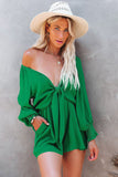 LC643624-9-S, LC643624-9-M, LC643624-9-L, LC643624-9-XL, LC643624-9-2XL, Green Women's Sexy V Neck Jumpsuits Chiffon Tie Knot Front Puff Long Sleeve Romper