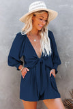 LC643624-5-S, LC643624-5-M, LC643624-5-L, LC643624-5-XL, LC643624-5-2XL, Blue Women's Sexy V Neck Jumpsuits Chiffon Tie Knot Front Puff Long Sleeve Romper