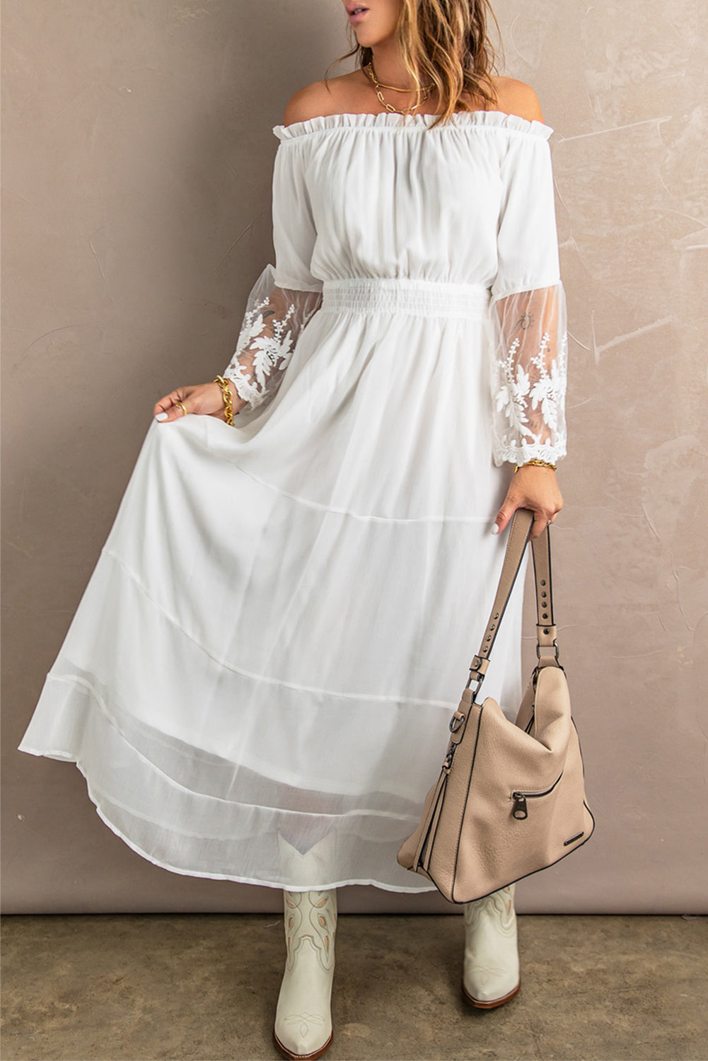 White White Maxi Dress Off Shoulder Flared Sleeve Lace Wedding Bridesmaid Dress LC611985-1