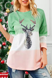 Green Women's Color Block Reindeer Print Gradient Crew Neck Sweatshirts LC2531516-9