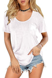 White Solid Pocket Front Scoop Neck Short Sleeve T-shirt LC25213432-1
