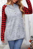 Red Womens Splicing Kangaroo Pocket Buttoned Plaid Hoodie LC2539575-3