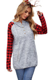 Red Womens Splicing Kangaroo Pocket Buttoned Plaid Hoodie LC2539575-3