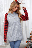 Red Womens Splicing Kangaroo Pocket Buttoned Plaid Hoodie LC2539575-3