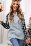 Black Womens Splicing Kangaroo Pocket Buttoned Plaid Hoodie LC2539575-2