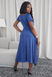 Blue Blue V Neck Ruffle Short Sleeve Midi Dress with Belt LC617504-5