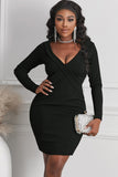 Black Plunging Neck Bodycon Long Sleeve Ladies Black Mini Dress LC227553-2