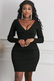 Black Plunging Neck Bodycon Long Sleeve Ladies Black Mini Dress LC227553-2