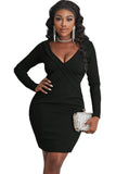 Black Plunging Neck Bodycon Long Sleeve Ladies Black Mini Dress LC227553-2