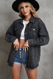 LC8511377-2-S, LC8511377-2-M, LC8511377-2-L, LC8511377-2-XL, LC8511377-2-2XL, Black Women’s Oversized Shacket Pocket Long Boyfriend Raw Hem Button Jacket