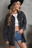 LC8511377-2-S, LC8511377-2-M, LC8511377-2-L, LC8511377-2-XL, LC8511377-2-2XL, Black Women’s Oversized Shacket Pocket Long Boyfriend Raw Hem Button Jacket