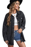 LC8511377-2-S, LC8511377-2-M, LC8511377-2-L, LC8511377-2-XL, LC8511377-2-2XL, Black Women’s Oversized Shacket Pocket Long Boyfriend Raw Hem Button Jacket