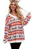 LC25110816-3-S, LC25110816-3-M, LC25110816-3-L, LC25110816-3-XL, LC25110816-3-2XL, Red Women's V Neck Christmas Reindeer Oversized Pullover Sweatshirt