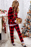 Red Pajamas Set Long Sleeve Sleepwear for Women Red Plaid Lounge Sets LC62588-3