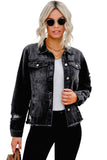 LC8511504-2-S, LC8511504-2-M, LC8511504-2-L, LC8511504-2-XL, LC8511504-2-2XL, Black Women's Jean Jacket Long Sleeve Lapel Distressed Raw Hem Buttons Denim Coat