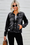 LC8511504-2-S, LC8511504-2-M, LC8511504-2-L, LC8511504-2-XL, LC8511504-2-2XL, Black Women's Jean Jacket Long Sleeve Lapel Distressed Raw Hem Buttons Denim Coat