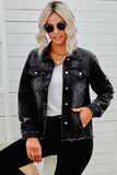 LC8511504-2-S, LC8511504-2-M, LC8511504-2-L, LC8511504-2-XL, LC8511504-2-2XL, Black Women's Jean Jacket Long Sleeve Lapel Distressed Raw Hem Buttons Denim Coat