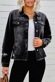 LC8511504-2-S, LC8511504-2-M, LC8511504-2-L, LC8511504-2-XL, LC8511504-2-2XL, Black Women's Jean Jacket Long Sleeve Lapel Distressed Raw Hem Buttons Denim Coat