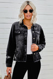 LC8511504-2-S, LC8511504-2-M, LC8511504-2-L, LC8511504-2-XL, LC8511504-2-2XL, Black Women's Jean Jacket Long Sleeve Lapel Distressed Raw Hem Buttons Denim Coat