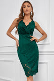 Green Floral Lace Sleeveless Deep V Neck Ladies Bodycon Midi Dress LC617433-9