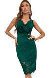 Green Floral Lace Sleeveless Deep V Neck Ladies Bodycon Midi Dress LC617433-9