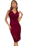 Red Floral Lace Sleeveless Deep V Neck Ladies Bodycon Midi Dress LC617433-3