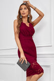 Red Floral Lace Sleeveless Deep V Neck Ladies Bodycon Midi Dress LC617433-3