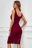 Red Floral Lace Sleeveless Deep V Neck Ladies Bodycon Midi Dress LC617433-3