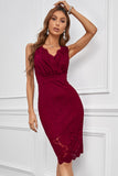 Red Floral Lace Sleeveless Deep V Neck Ladies Bodycon Midi Dress LC617433-3
