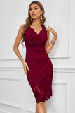 Red Floral Lace Sleeveless Deep V Neck Ladies Bodycon Midi Dress LC617433-3