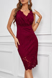 Red Floral Lace Sleeveless Deep V Neck Ladies Bodycon Midi Dress LC617433-3