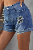 LC78823-2-S, LC78823-2-M, LC78823-2-L, LC78823-2-XL, LC78823-2-2XL, Black Ripped Patchwork Hem Denim Shorts for Women