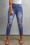 Blue Women's Ripped Boyfriend Jeans Distressed Holes Crop Denim Pants LC78064-5