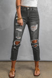 Black Women's Ripped Boyfriend Jeans Distressed Holes Crop Denim Pants LC78064-2