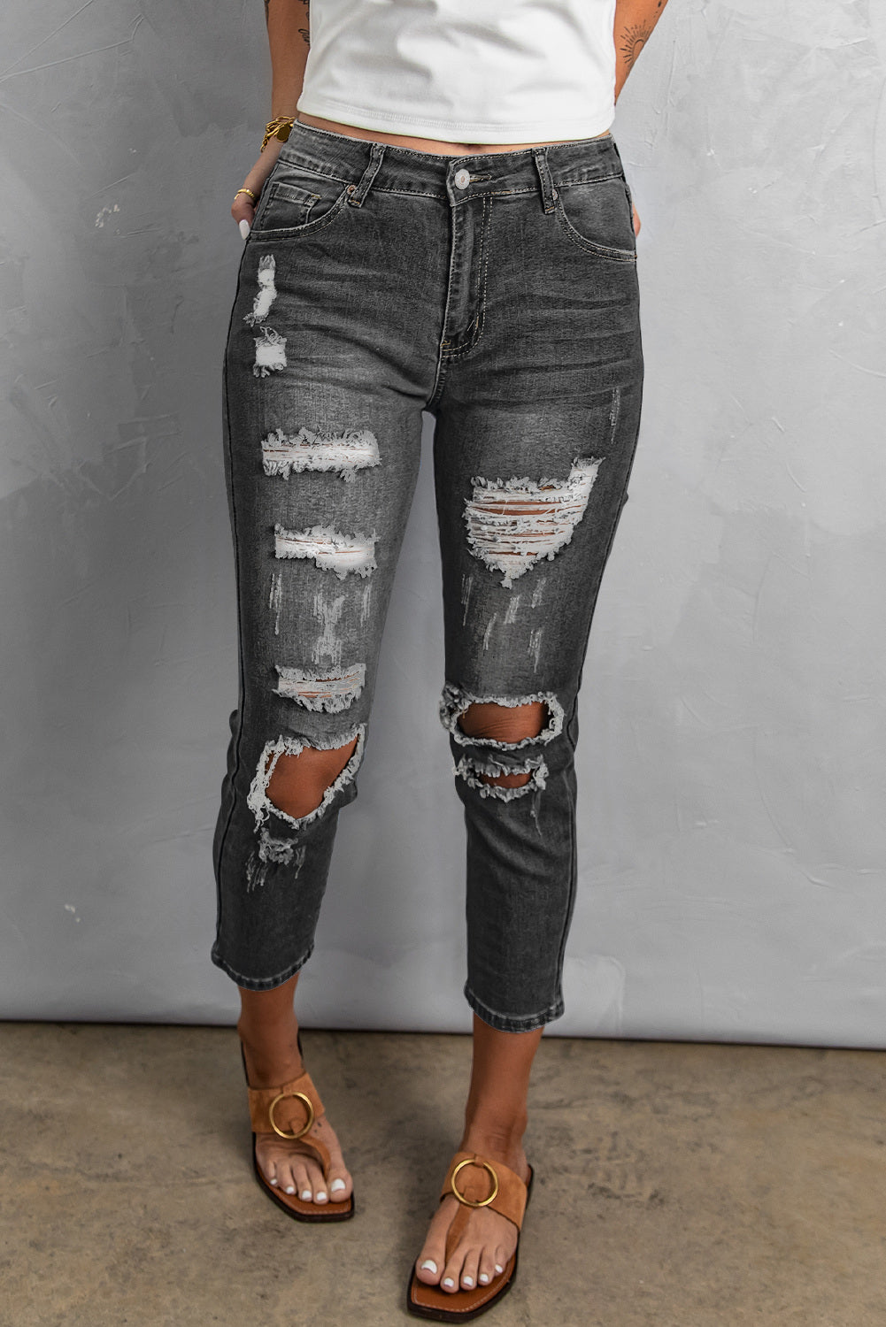Black Women's Ripped Boyfriend Jeans Distressed Holes Crop Denim Pants LC78064-2