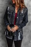 LC8511533-2-S, LC8511533-2-M, LC8511533-2-L, LC8511533-2-XL, LC8511533-2-2XL, Black Women's Oversized Denim Jacket Boyfriend Distressed Jean Trucker Jacket